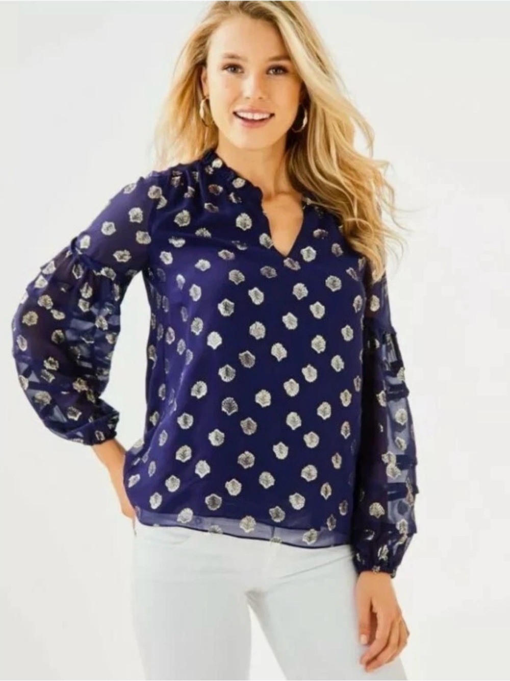 Lilly Pulitzer Navy Blouse with Metallic Dot Print - Picture 1 of 6